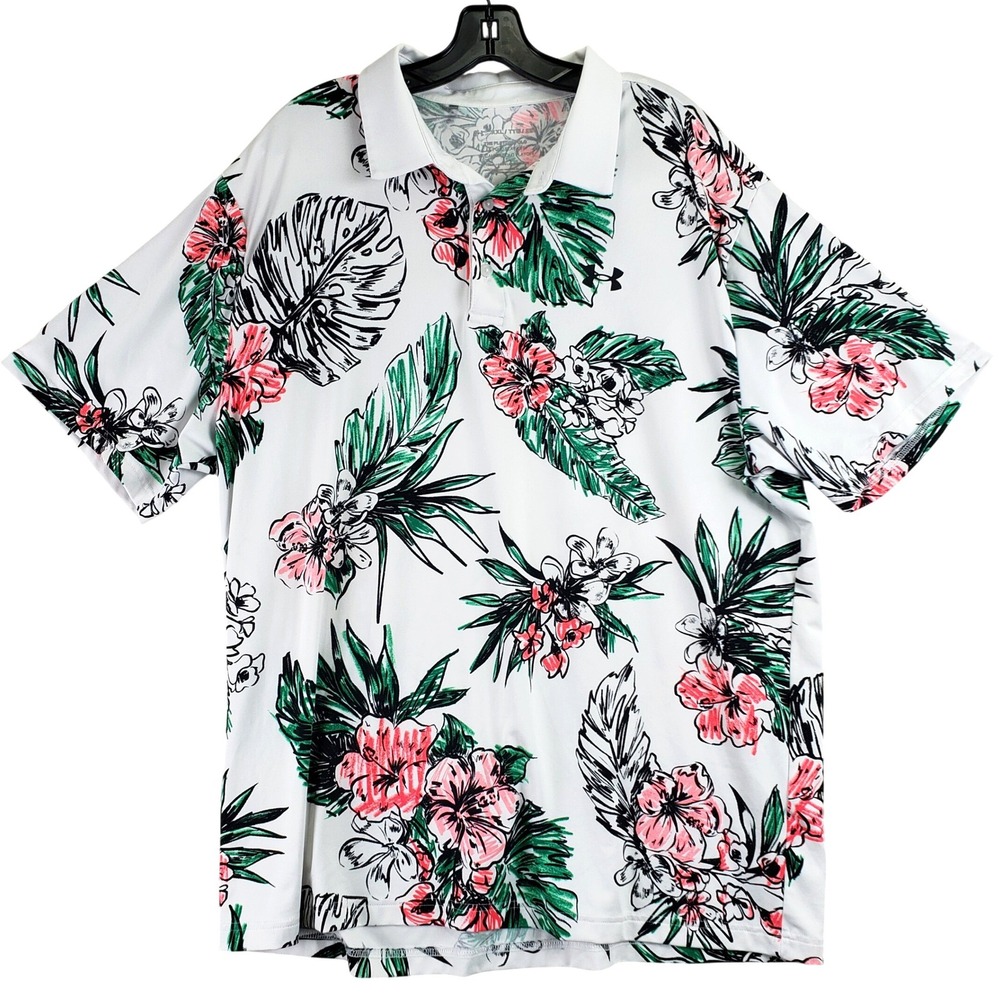 Under Armour The Playoff Polo Mens XXL White Floral Tropical Golf Performance